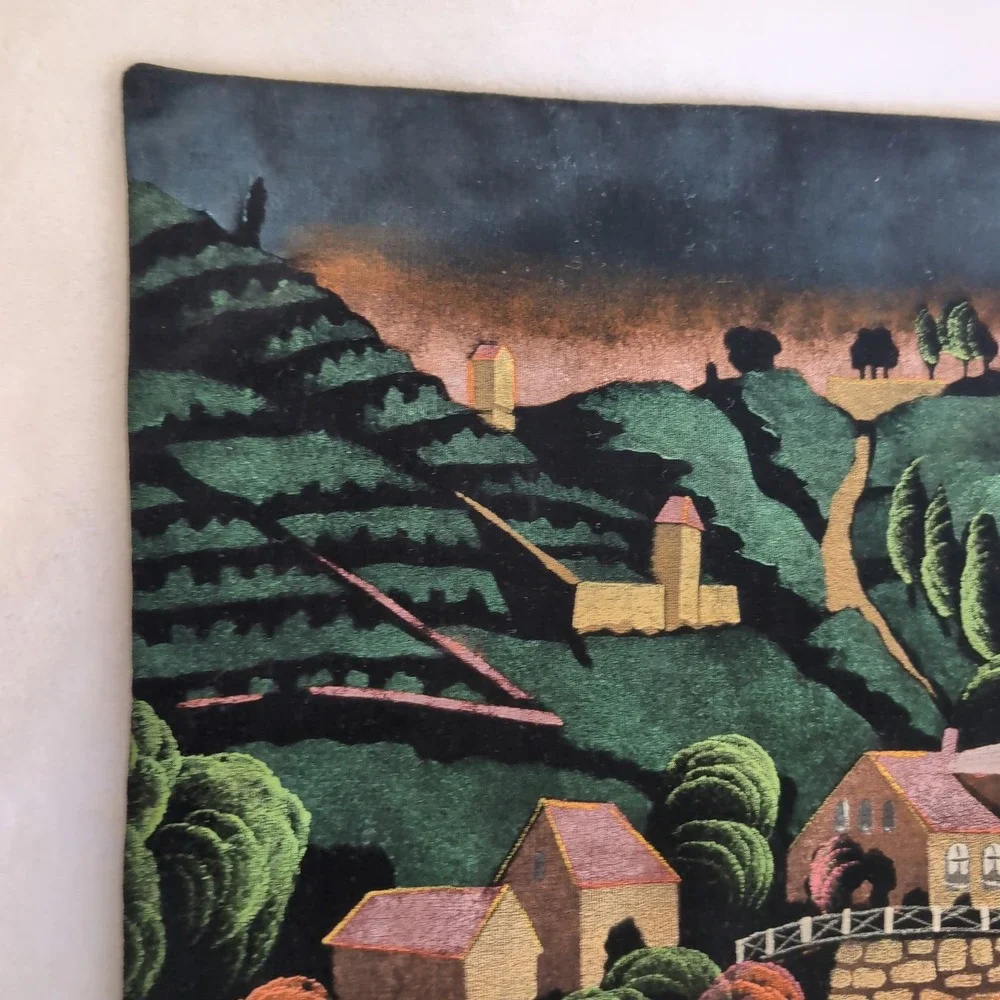 Vintage Hand Painted Velvet Painting Wall Hanging Colorful Village Folk Art MCM